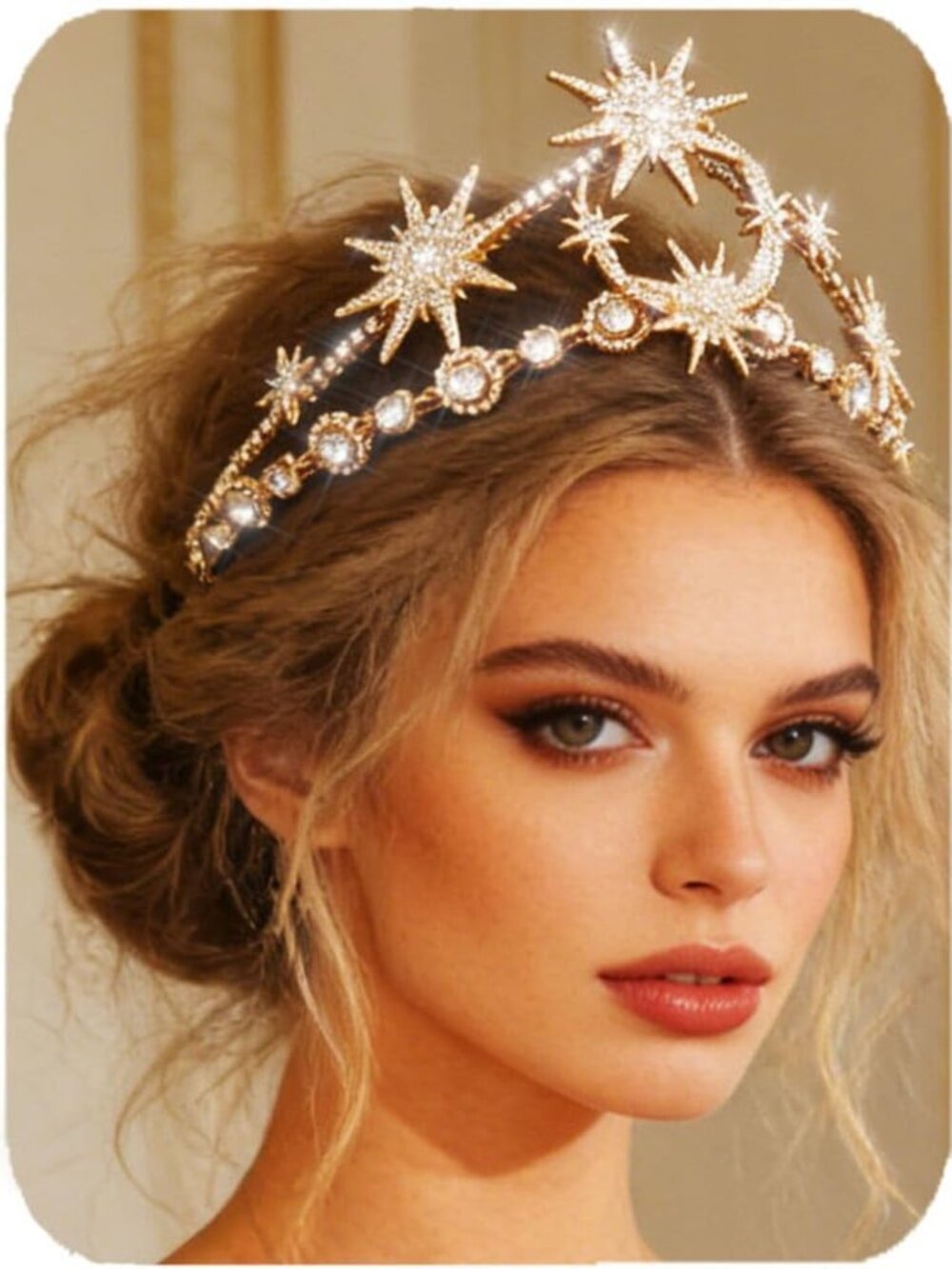 Celestial Star Moon Tiara Crown with Gold Rhinestones - Elegant Hair Accessory